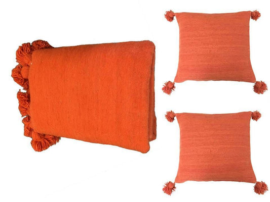 Pom Pom Blanket with two Pillows Bundle - Orange