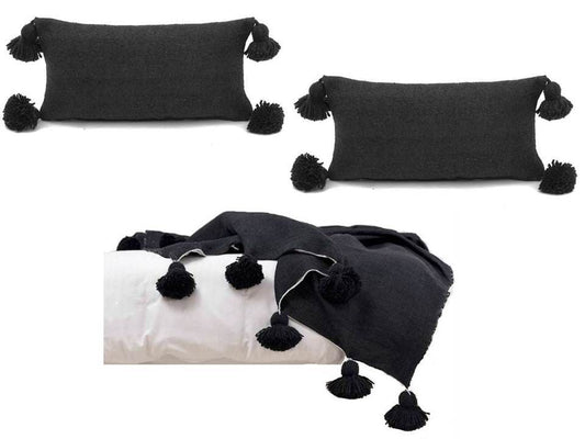 Pom Pom Blanket with two Pillows Bundle - Black