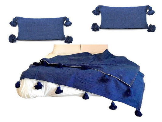 Pom Pom Blanket with two Pillows Bundle - Blue