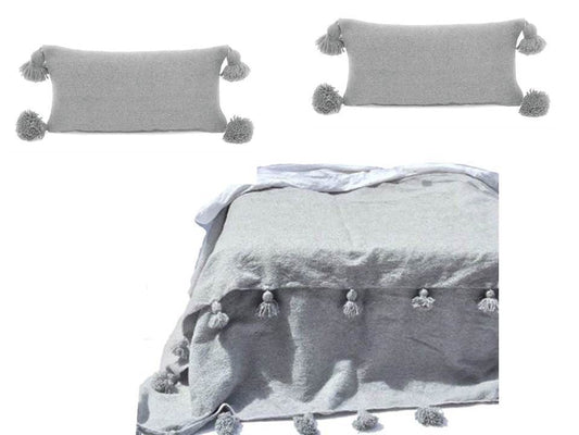 Pom Pom Blanket with two Pillows Bundle - Gray