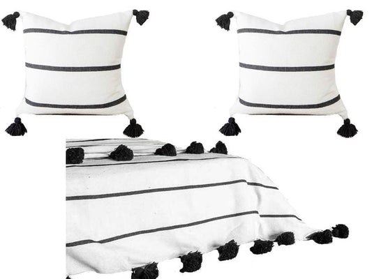 Pom Pom Blanket with two Pillows Bundle - White with Black Stripes