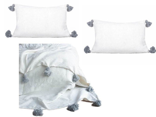 Pom Pom Blanket with two Pillows Bundle - White with Gray Pom Poms